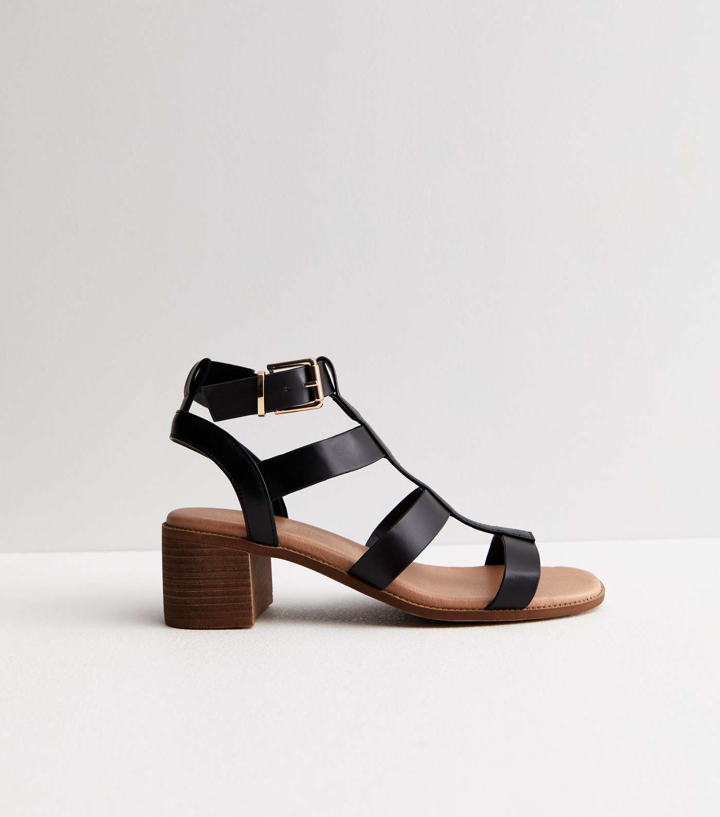 Black Leather-Look Footbed Mid Block Heel Gladiator Sandals