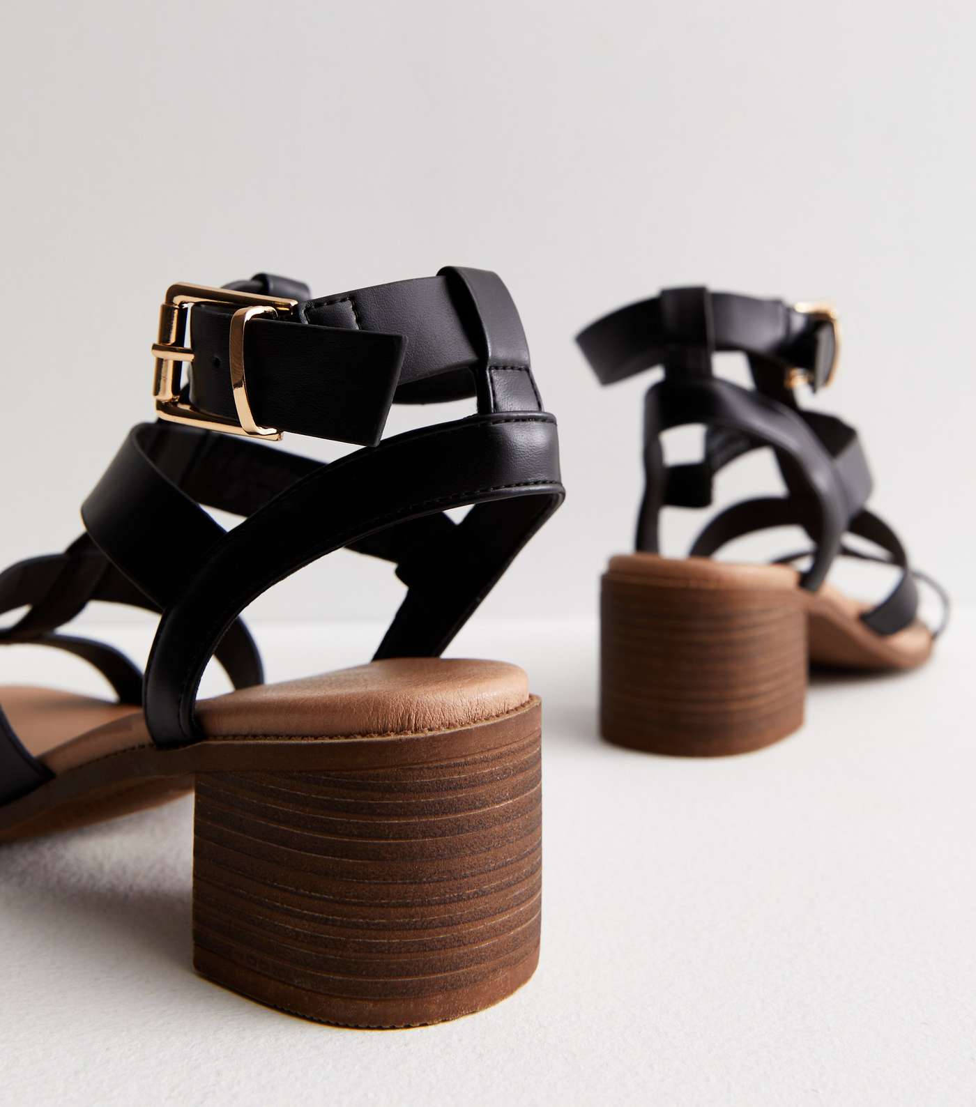 Black Leather-Look Footbed Mid Block Heel Gladiator Sandals Image 3