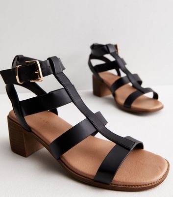 Black Leather Look Footbed Mid Block Heel Gladiator Sandals New Look
