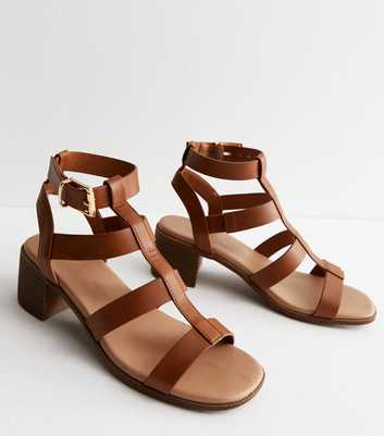 Tan Leather-Look Footbed Block Heel Gladiator Sandals