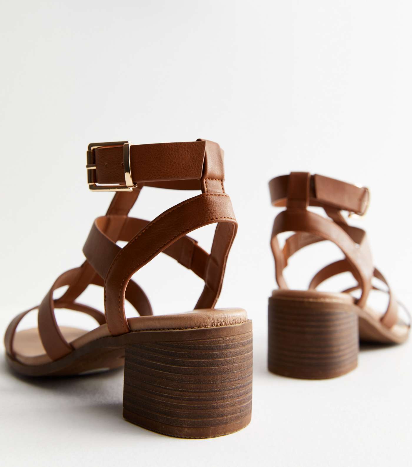 Tan Leather-Look Footbed Mid Block Heel Gladiator Sandals Image 4