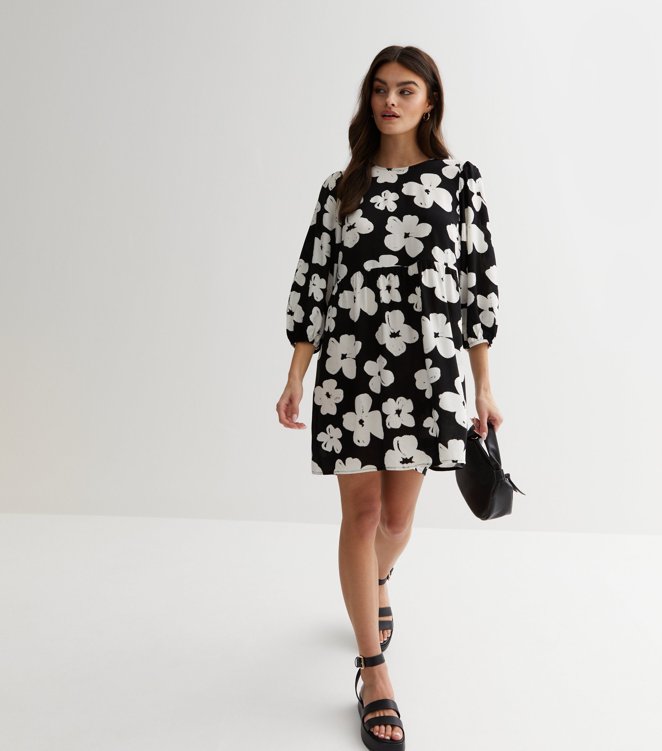 New Look Black Floral Puff Sleeve Mini Smock Dress