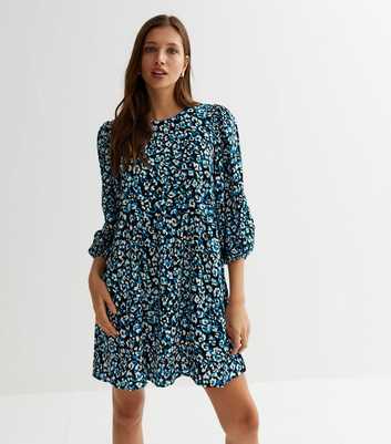 Blue Leopard Print 3/4 Puff Sleeve Mini Smock Dress
