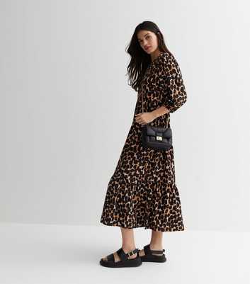 Brown Leopard Print Puff Sleeve Midi Smock Dress