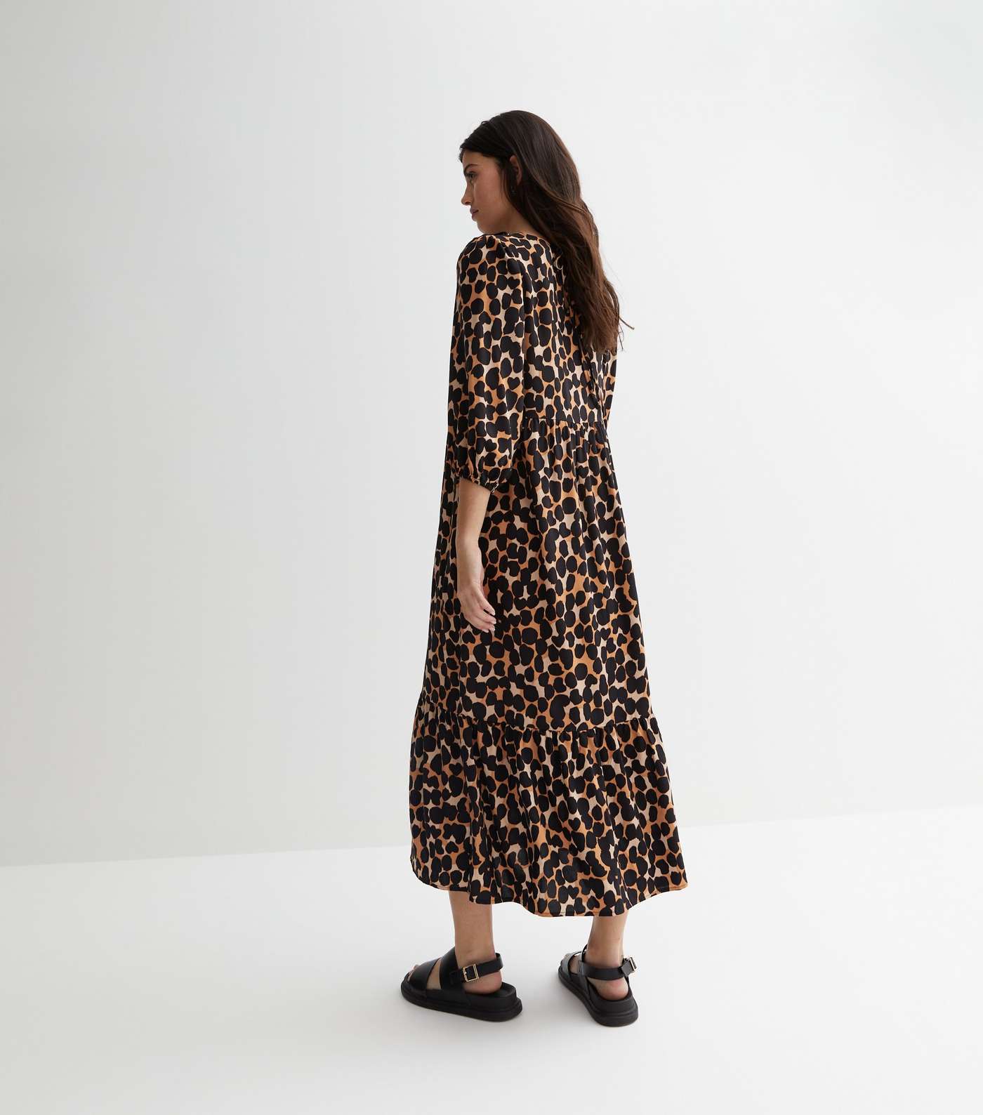 Brown Leopard Print Puff Sleeve Midi Smock Dress Image 4