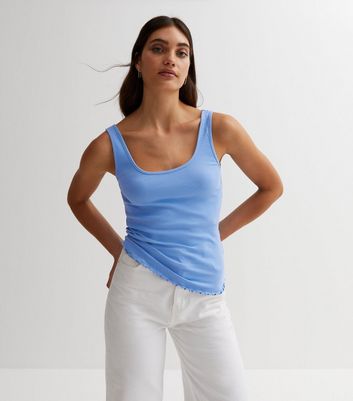 Pale Blue Ribbed Frill Scoop Neck Vest New Look