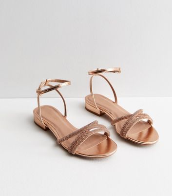 Rose Gold 2 Part Diamante Strappy Sandals New Look