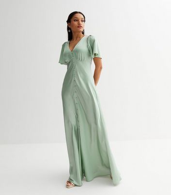 Petite Light Green Satin Flutter Sleeve Maxi Dress New Look