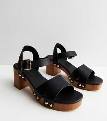 Black Leather-Look Stud Embellished Block Heel Sandals
