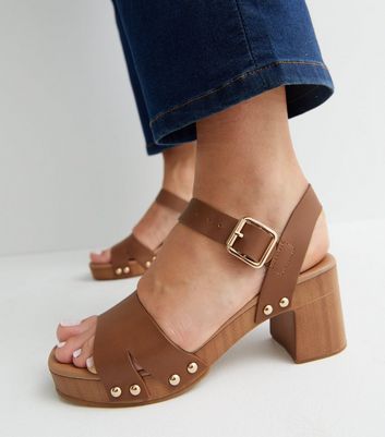 Tan leather deals mid heel sandals