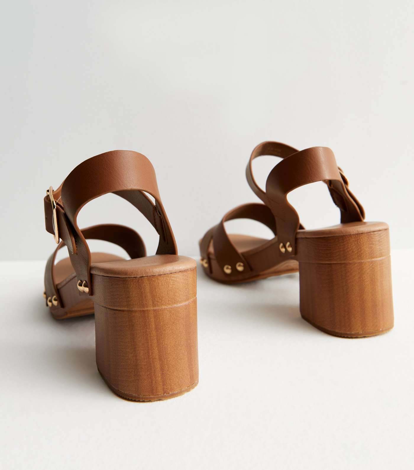 Tan Stud Embellished Mid Block Heel Sandals Image 4