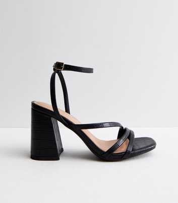 Black Leather-Look Strappy Block Heel Sandals