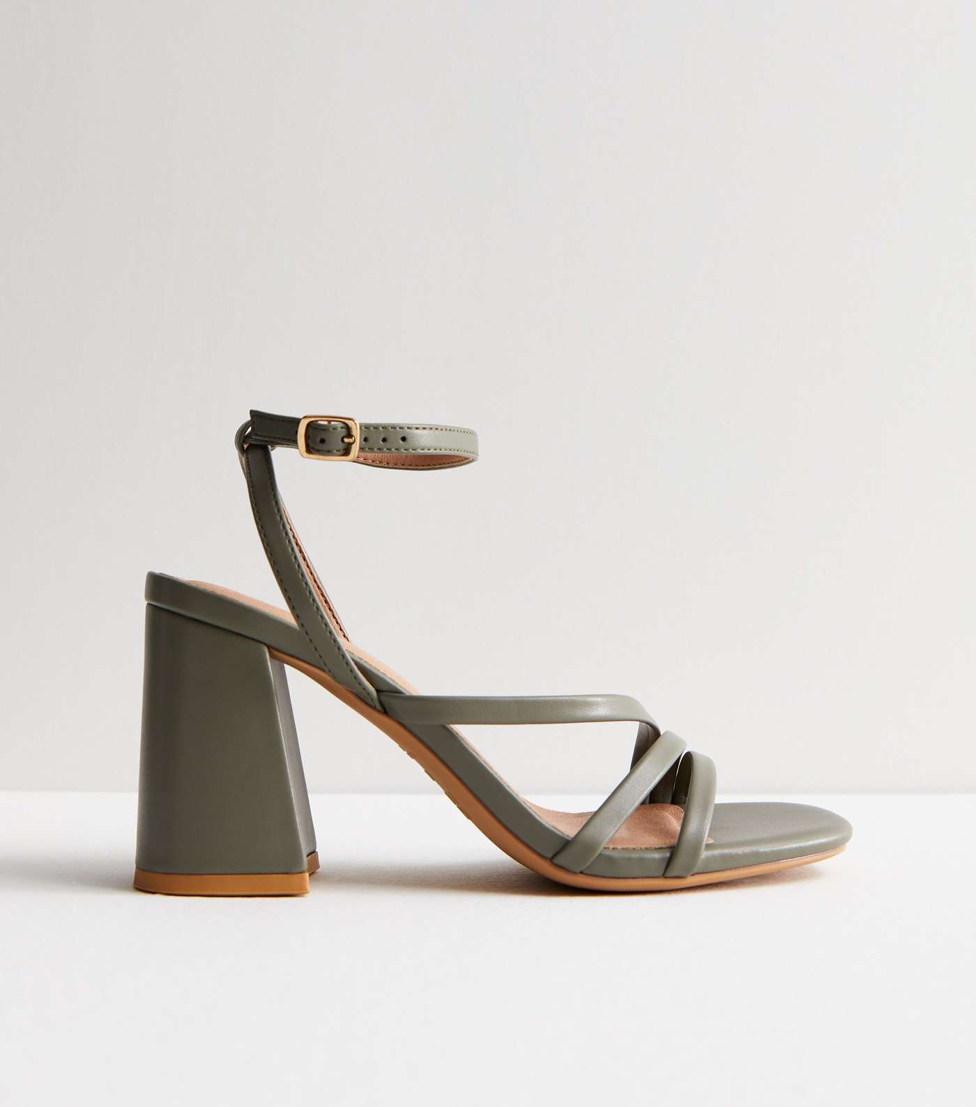 Khaki Leather-Look Strappy Block Heel Sandals Image 5