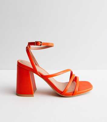 Bright Orange Leather-Look Strappy Block Heel Sandals