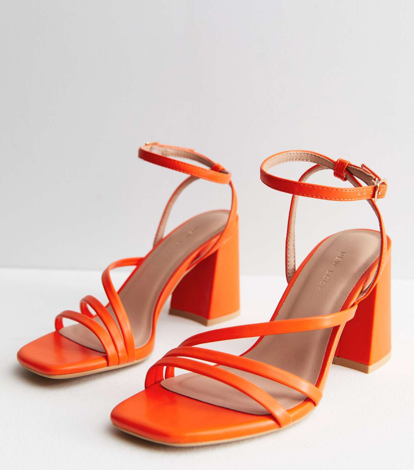 Bright Orange Leather-Look Strappy Block Heel Sandals Image 3