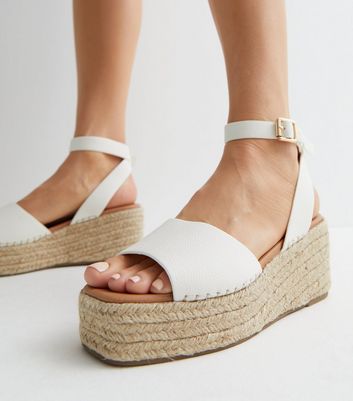 Wide Fit White Leather Look Espadrille Wedge Heel Sandals New Look