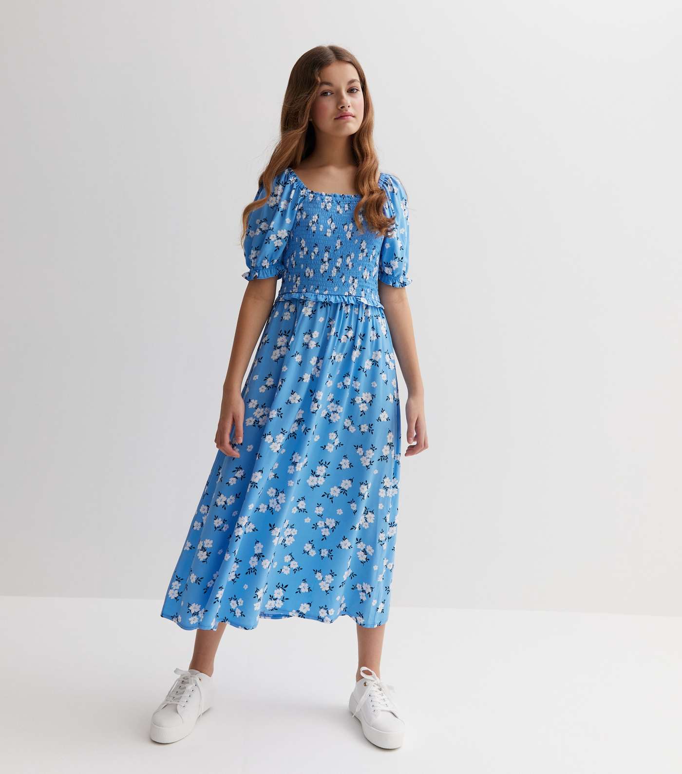 Girls Blue Floral Frill Shirred Midi Dress