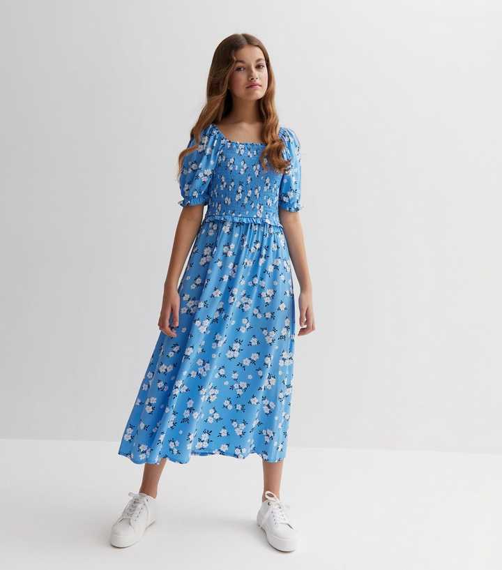 Girls Blue Floral Frill Shirred Midi Dress | New Look