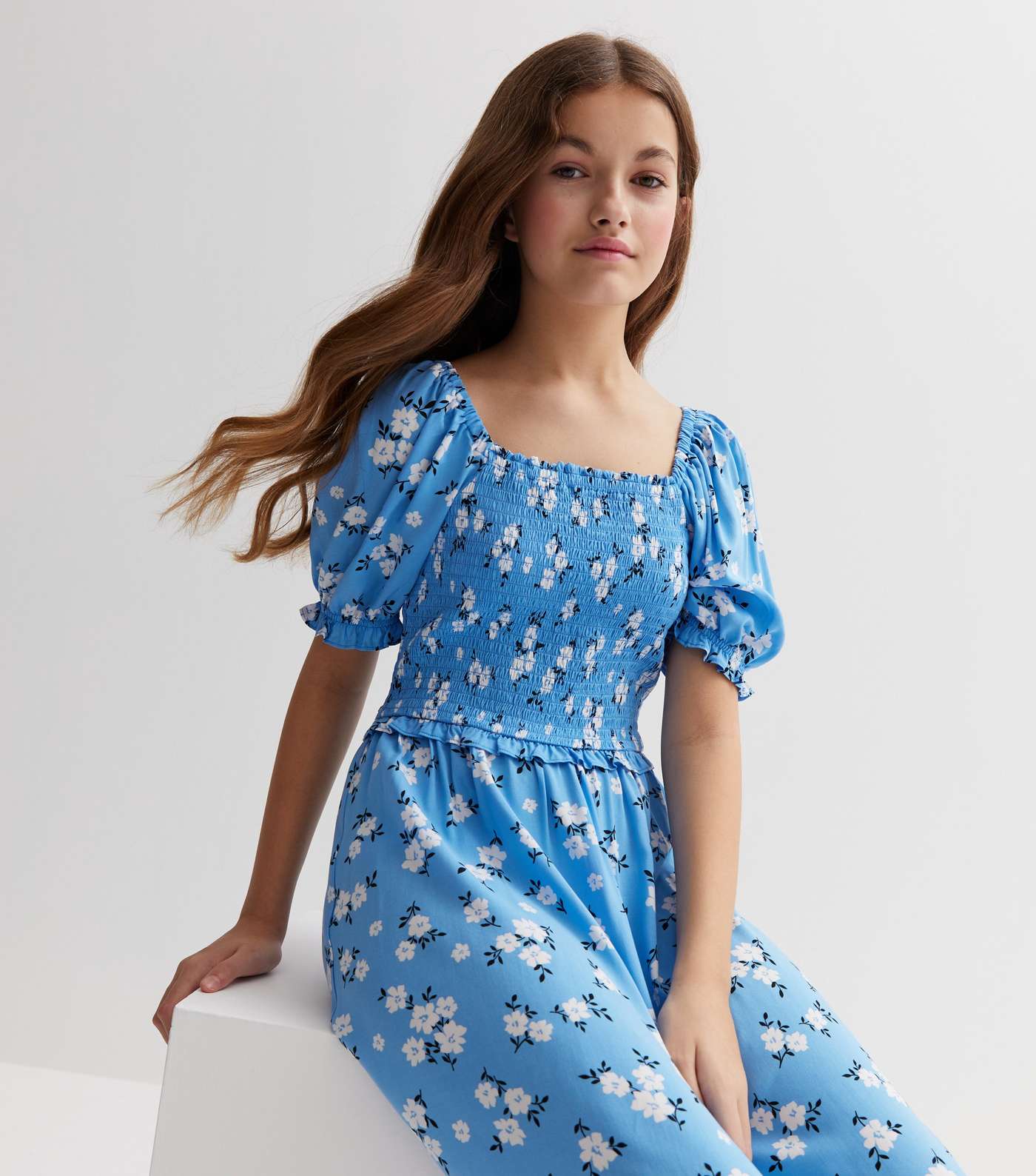 Girls Blue Floral Frill Shirred Midi Dress Image 3