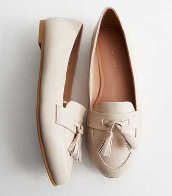 Off White Leather-Look Tassel Trim Loafers