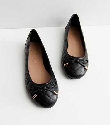 Wide Fit Black Quilted Leather-Look Bow Ballerina Pumps