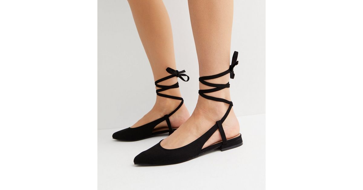 Black Suedette Ankle Tie Ballerina Pumps New Look