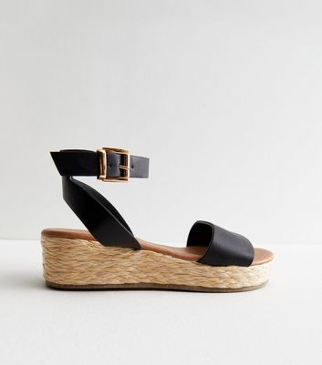 Black Leather Look Espadrille 2 Part Flatform Sandals