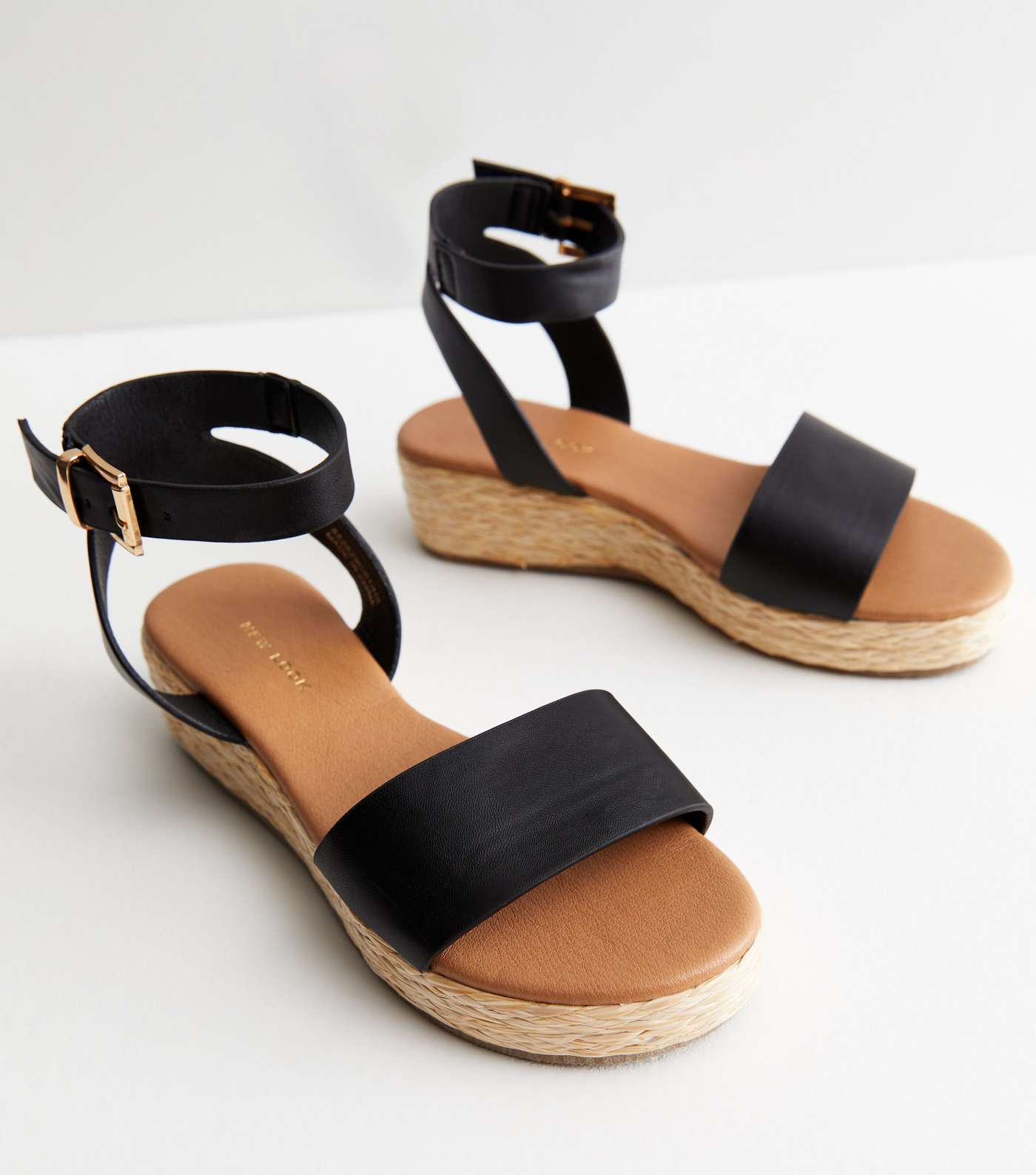Black Leather-Look Espadrille 2 Part Flatform Sandals Image 3