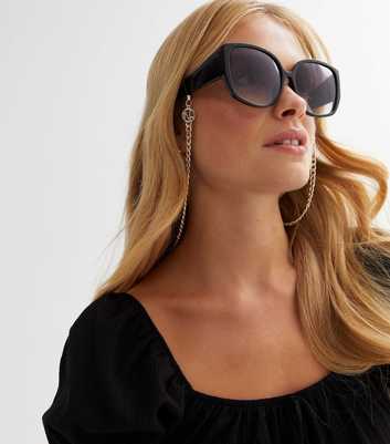 Black Oversized Frame Sunglasses with Chain
