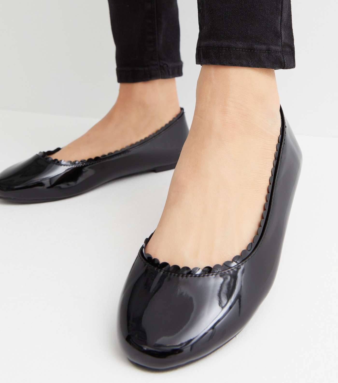 Extra Wide Fit Black Patent Scallop Ballerina Pumps Image 2