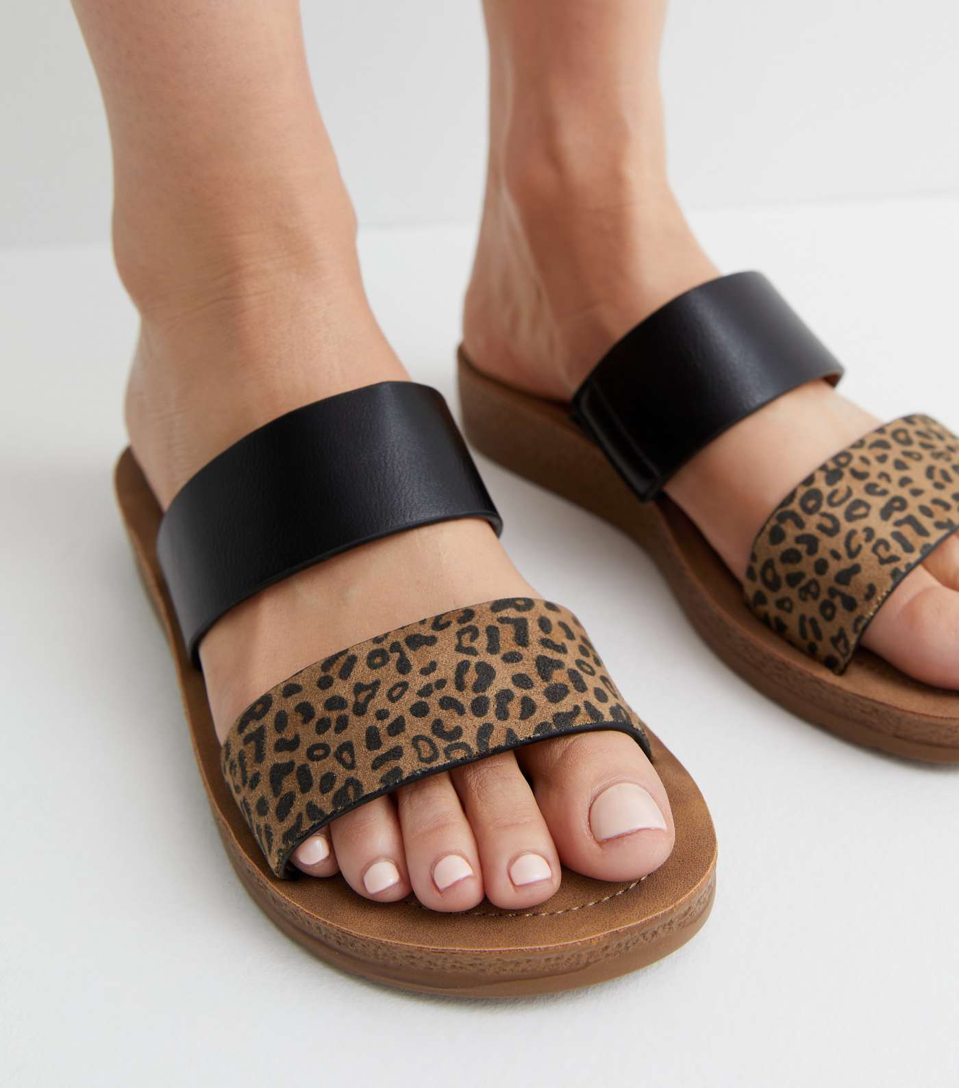 Wide Fit Stone Leopard Print Footbed Sliders Image 2