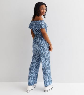 Girls Blue Ditsy Floral Crepe Bardot Frill Wide Leg Jumpsuit New Look