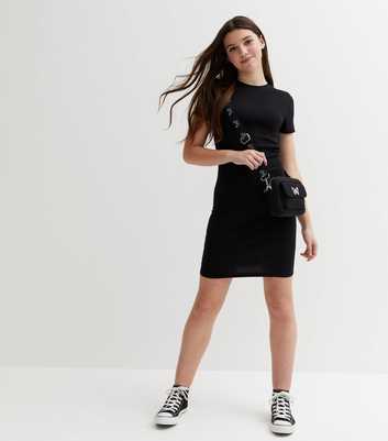 Girls Black Ribbed Jersey Cap Sleeve Mini Dress