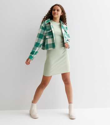 Girls Olive Ribbed Jersey Cap Sleeve Mini Dress