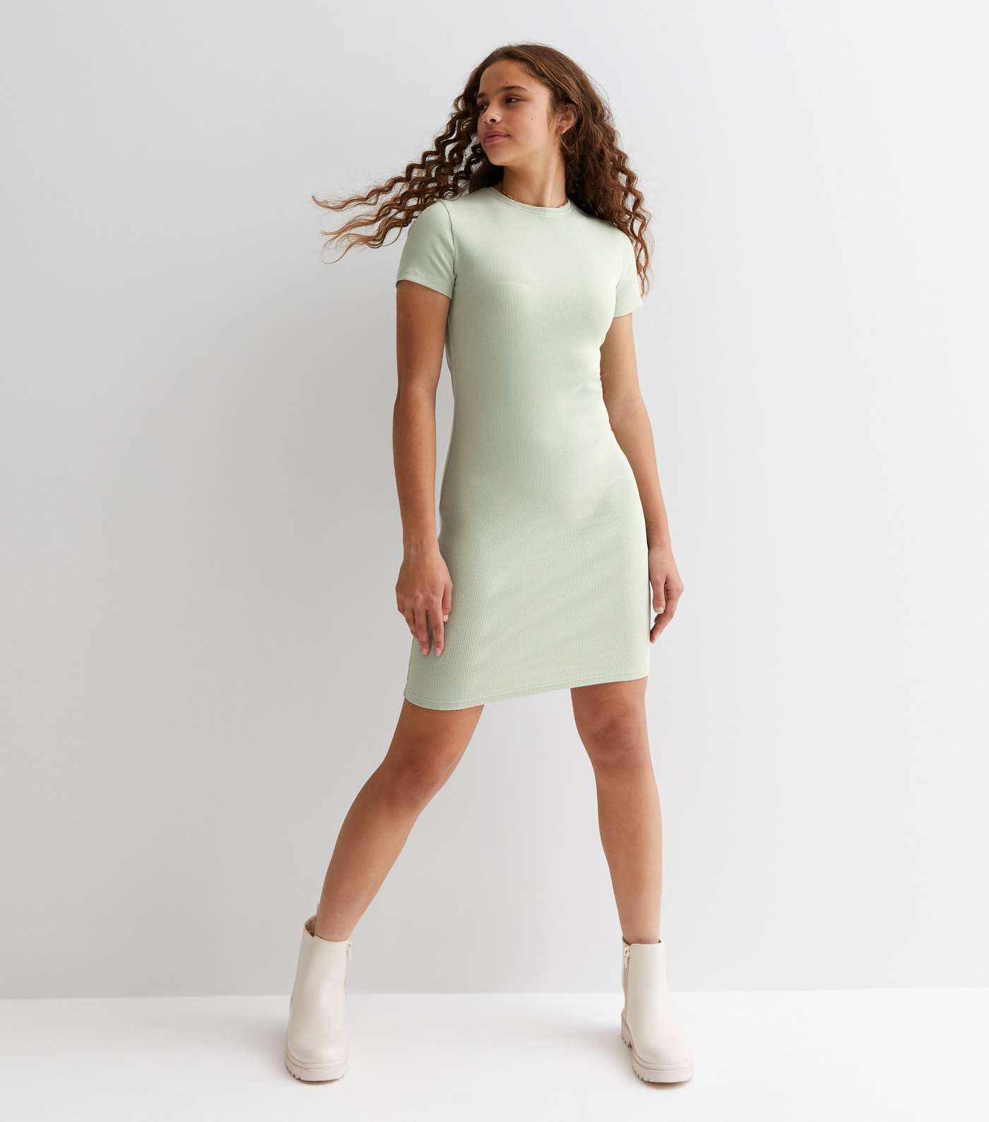 Girls Olive Ribbed Jersey Cap Sleeve Mini Dress Image 3