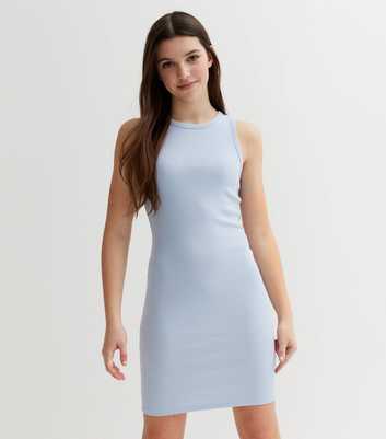 Girls Pale Blue Ribbed Jersey Racer Mini Dress