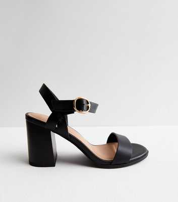 Wide Fit Black Leather-Look 2 Part Block Heel Sandals