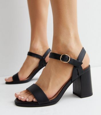Wide Fit Black Leather-Look 2 Part Block Heel Sandals New Look