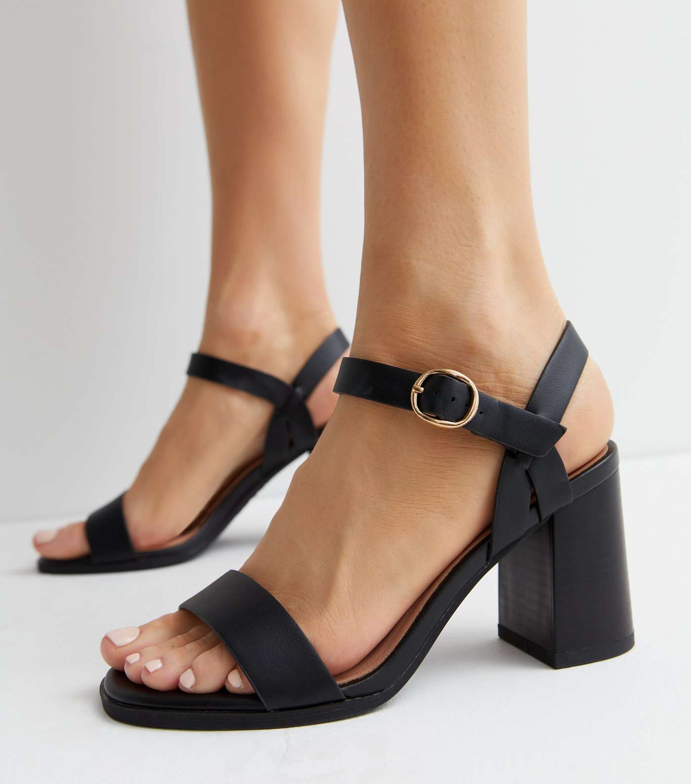 Wide Fit Black Leather-Look 2 Part Block Heel Sandals Image 2