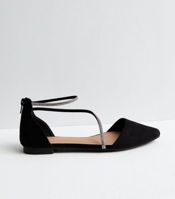 Black Suedette Diamanté Strap Ballerina Pumps