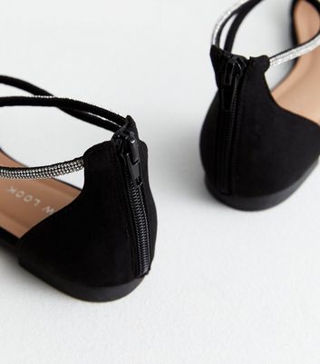 Black Suedette Diamanté Strap Ballerina Pumps