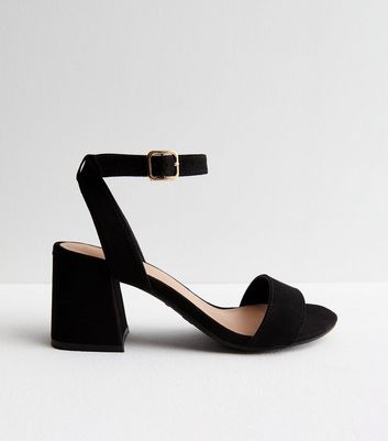 Black Suedette 2 Part Mid Block Heel Sandals