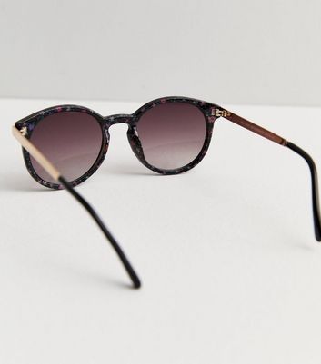 Black Floral Round Frame Sunglasses New Look