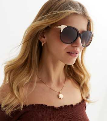 Dark Brown Metal Trim Round Frame Sunglasses
