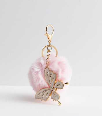 Pink Faux Fur Pom Pom Butterfly Charm Keyring