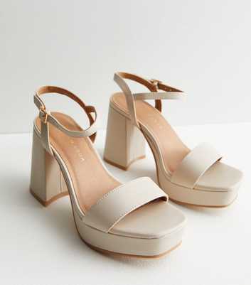 Wide Fit Off White Leather-Look 2 Part Platform Block Heel Sandals