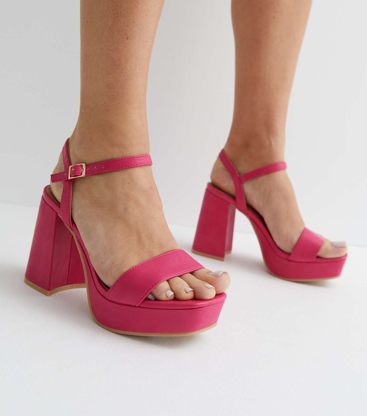 Wide Fit Bright Pink Leather-Look 2 Part Platform Block Heel Sandals Image 2