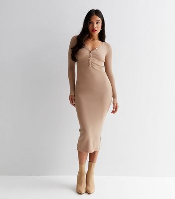 Petite Camel Ribbed Knit V Neck Ruched Popper Midi Dress New Look