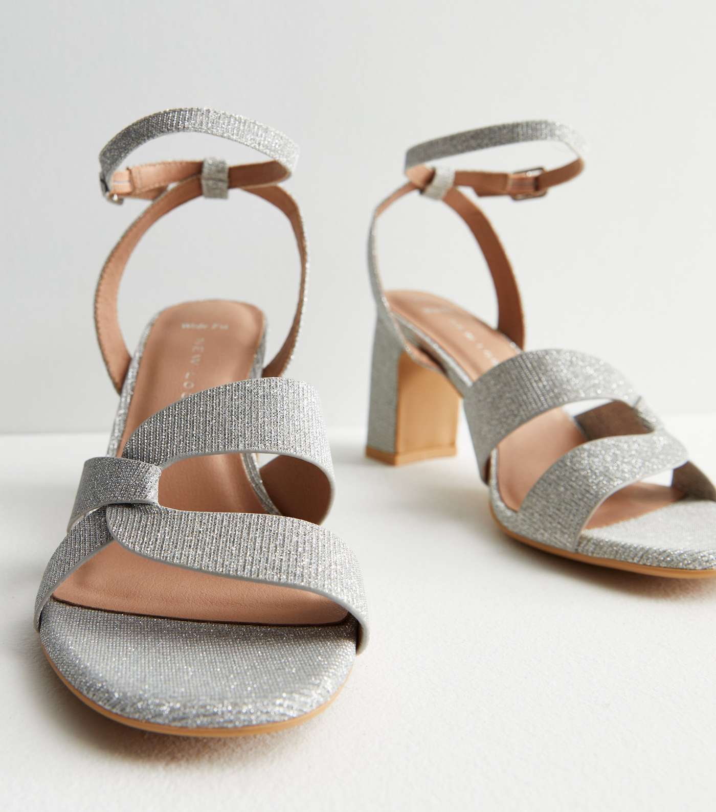 Wide Fit Silver Glitter 2 Part Strappy Block Heel Sandals Image 3