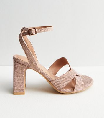 Rose Gold strappy block heel sandals, New Look, wide... - Depop